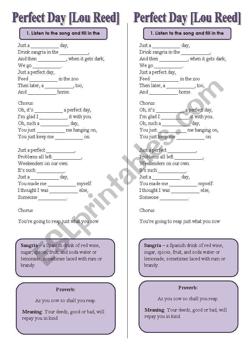 SONG! Perfect Day [Lou Reed] - Printer-friendly version included - LISTENING ACTIVITY